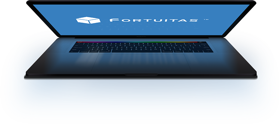 Laptop displaying the Fortuitas logo