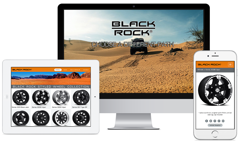 Black Rock Wheels product configurator website shown on a desktop