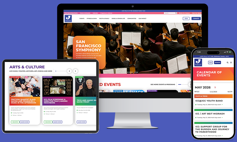 Oshman Family JCC main site shown on a desktop, tablet, and phone