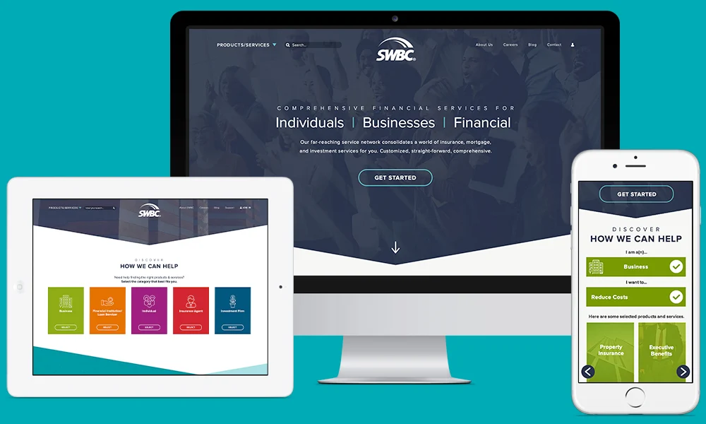 SWBC Corporate site shown on a desktop, tablet, and phone