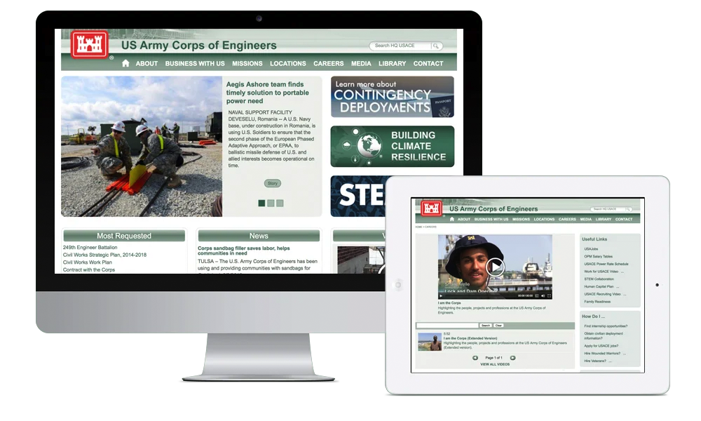 Army Corps of Engineers website shown on a desktop