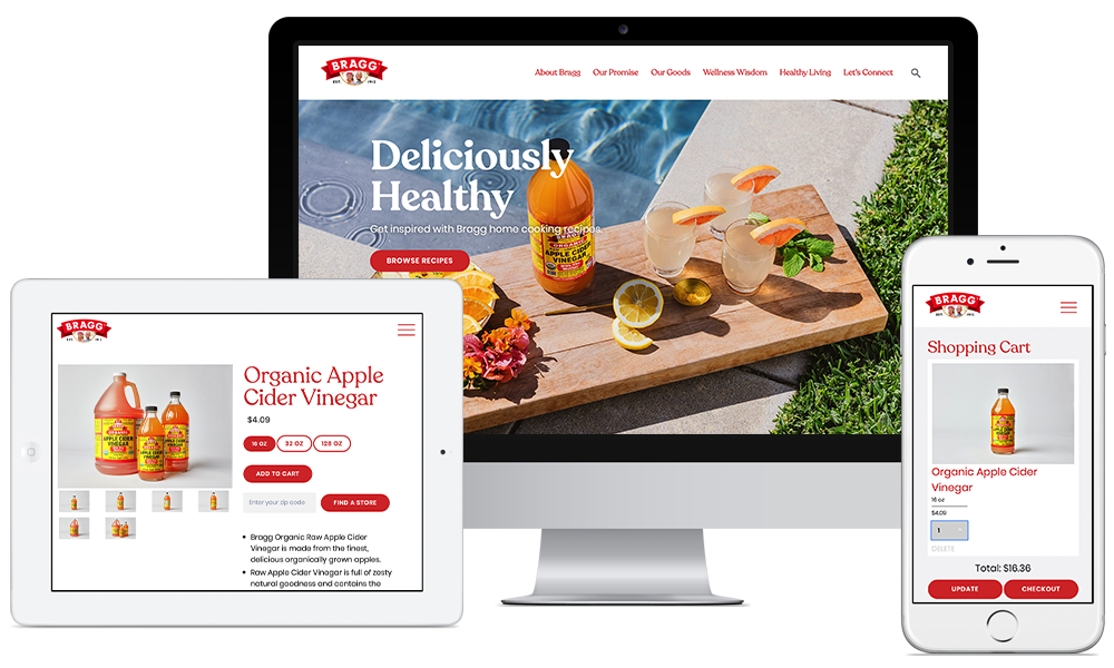 Bragg Live Food Products website shown on a desktop