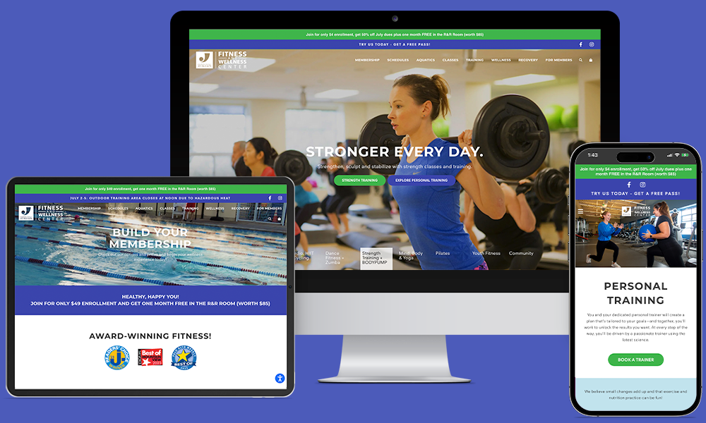 Oshman Family JCC fitness site shown on a desktop, tablet, and phone