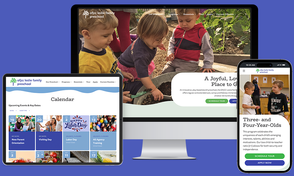 Oshman Family JCC preschool site shown on a desktop, tablet, and phone