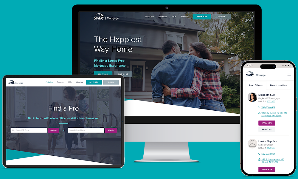 SWBC Mortgage site shown on a desktop, tablet, and phone