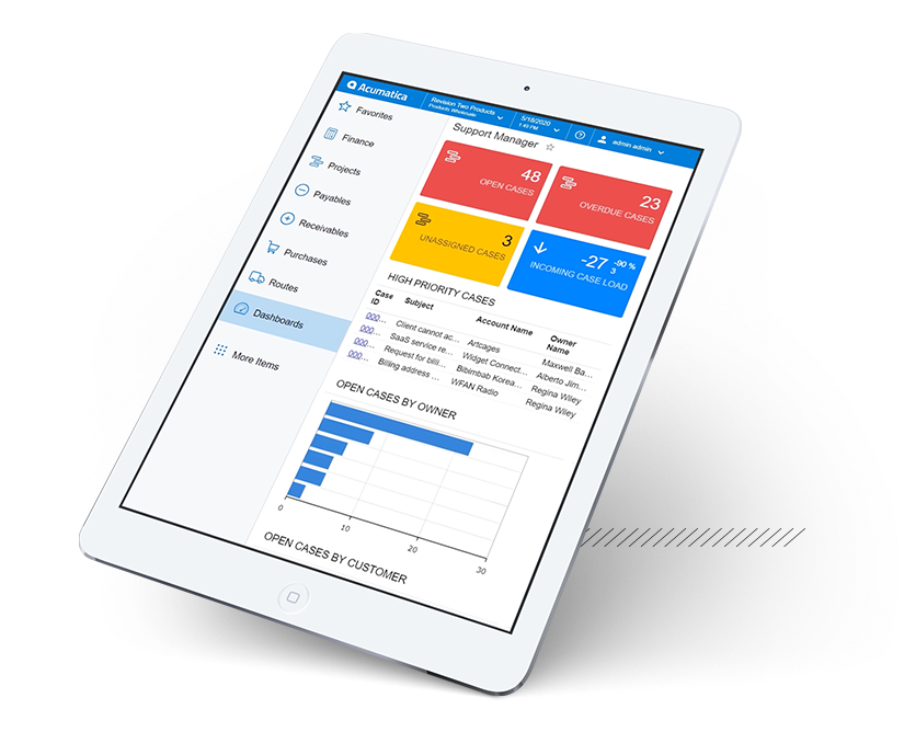 Tablet displaying an ERP dashboard with case and financial reporting widgets